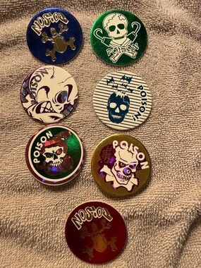 Set of 7 Cardonboard POGS Poison Skull Decorative Pin Bundle - Assorted Colors
